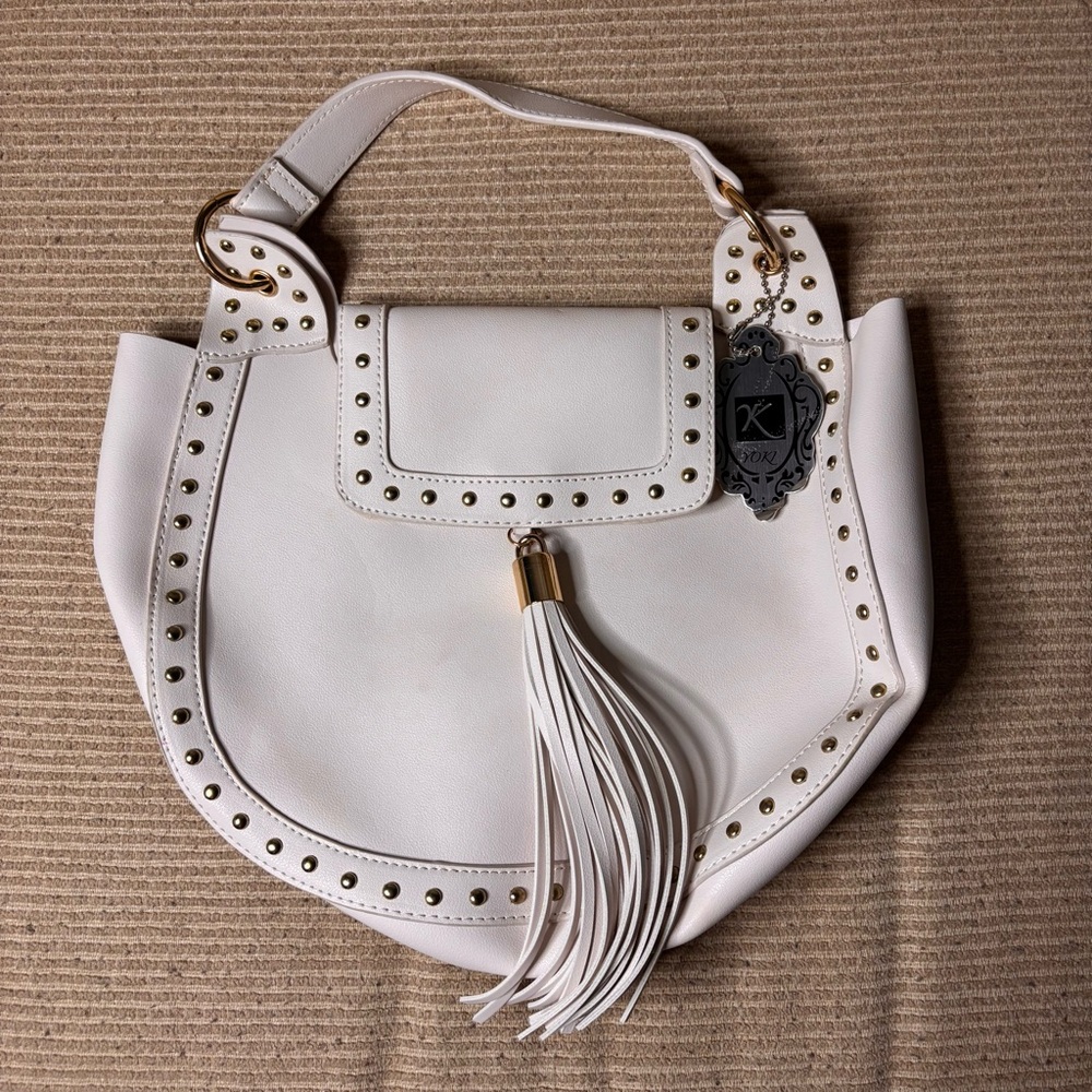 White Studded Tassel Shoulder Bag - Yoki